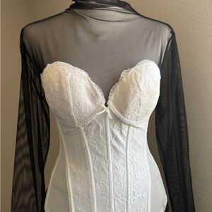 Elegant White Lace Corset with Black Sheer Overlay